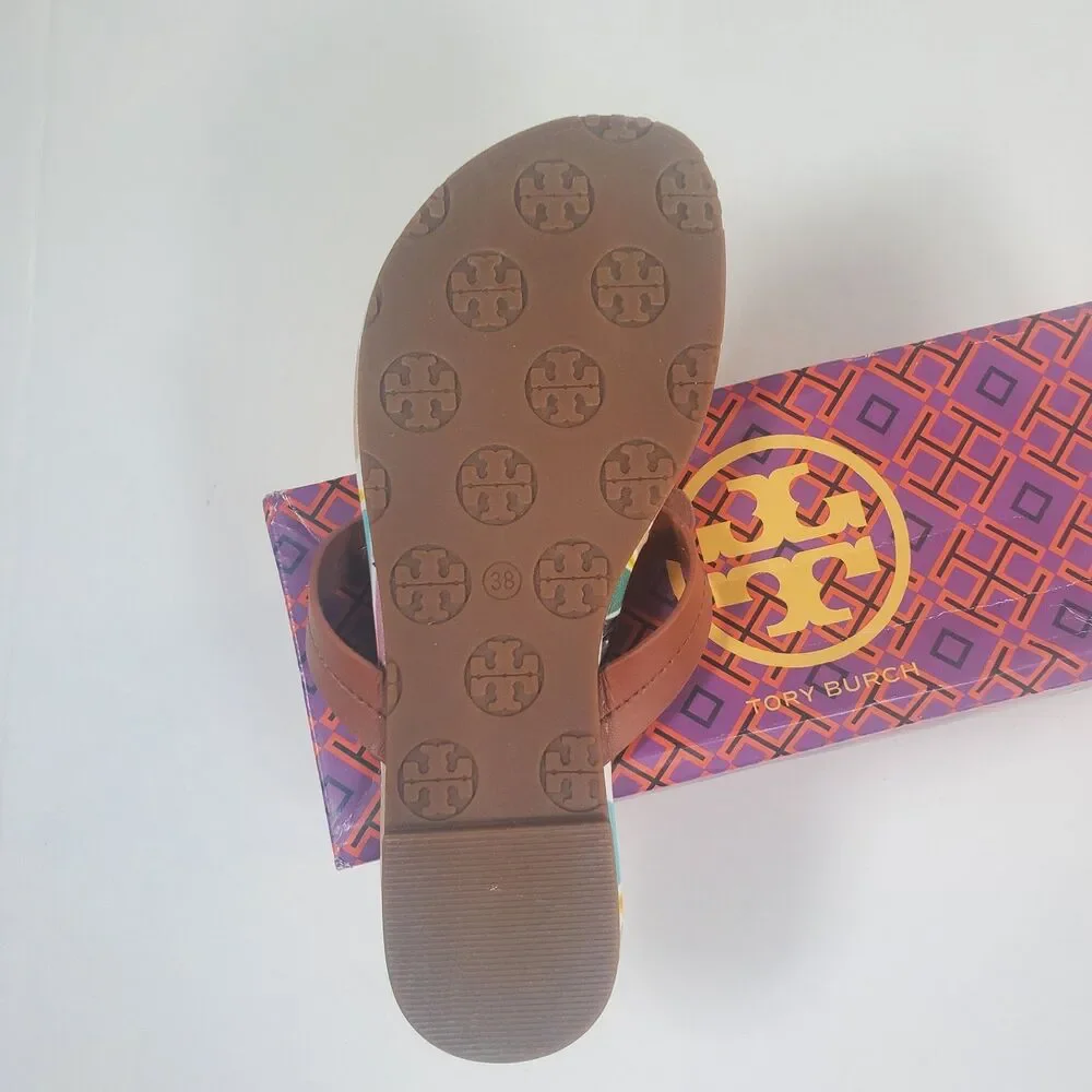 NEW Tory Burch Women’s Sandals Size 7 Brown Multicolor Logo Thong Flip Flop - Picture 5 of 9